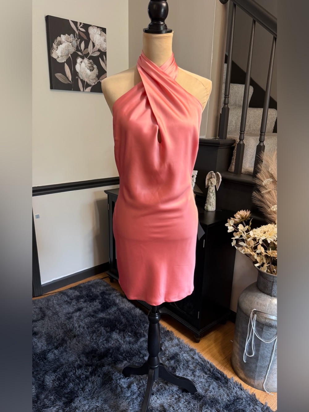 NWT Lulu's Coral Pink Satin Halter Open Back  Mini Dress Small